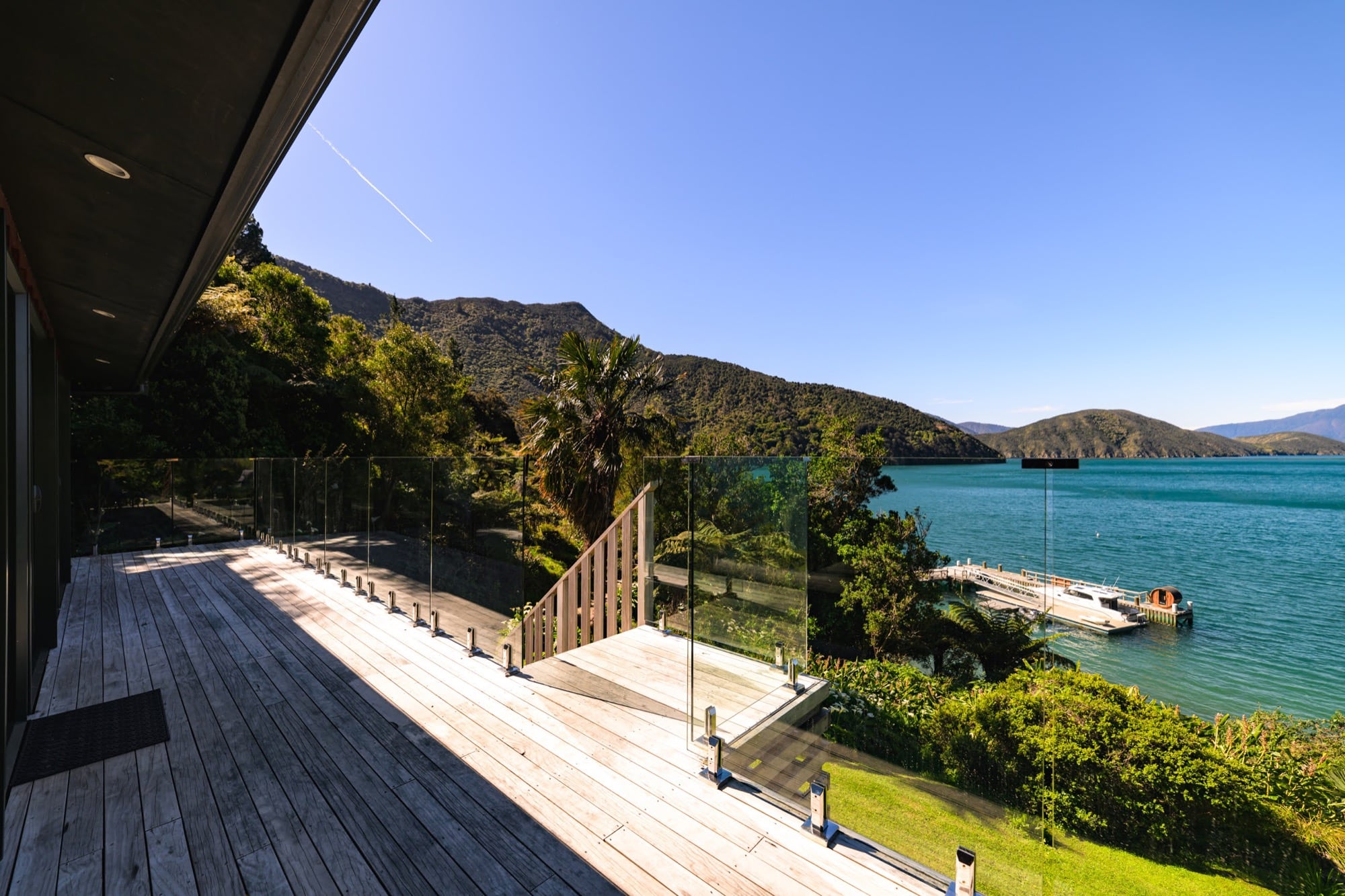 Kereru’s deck and glass balustrade above the sound
