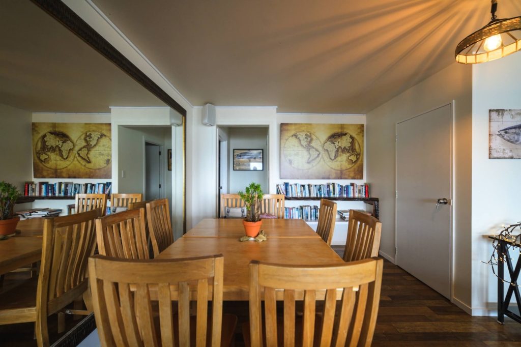 Long tables in the shared dining room