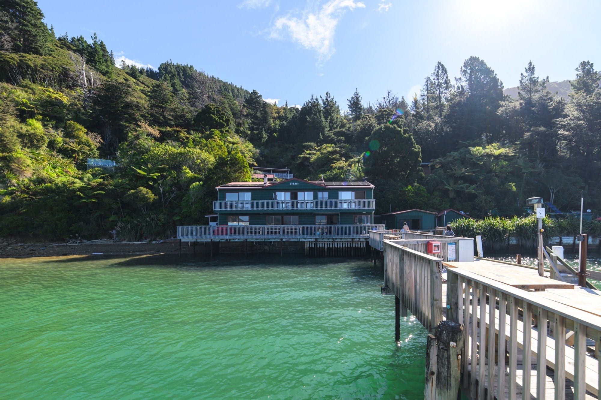 The green lodge from the jetty, bush rising behind it