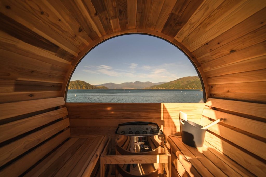 The barrel sauna, looking out to the sound